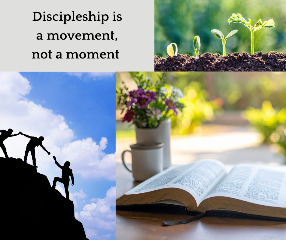 Collage of a growing plant, a Bible, and one person helping another up a mountain.