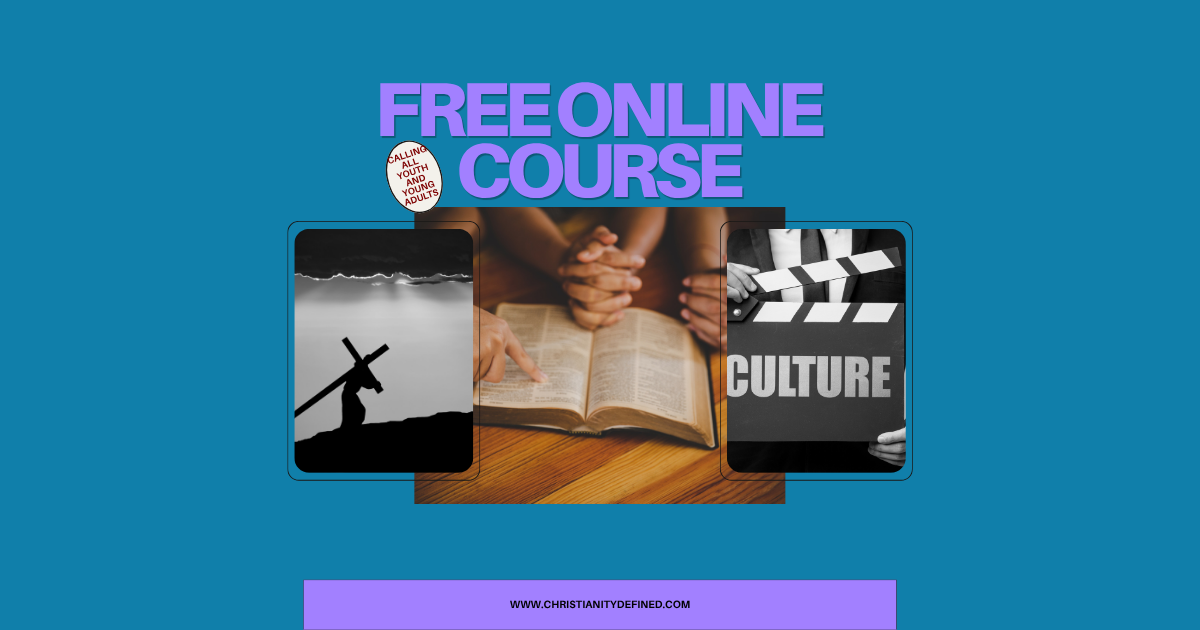 Overlay of young adults reading the Bible, centered between Jesus carrying a cross and a "culture" cinema sign.